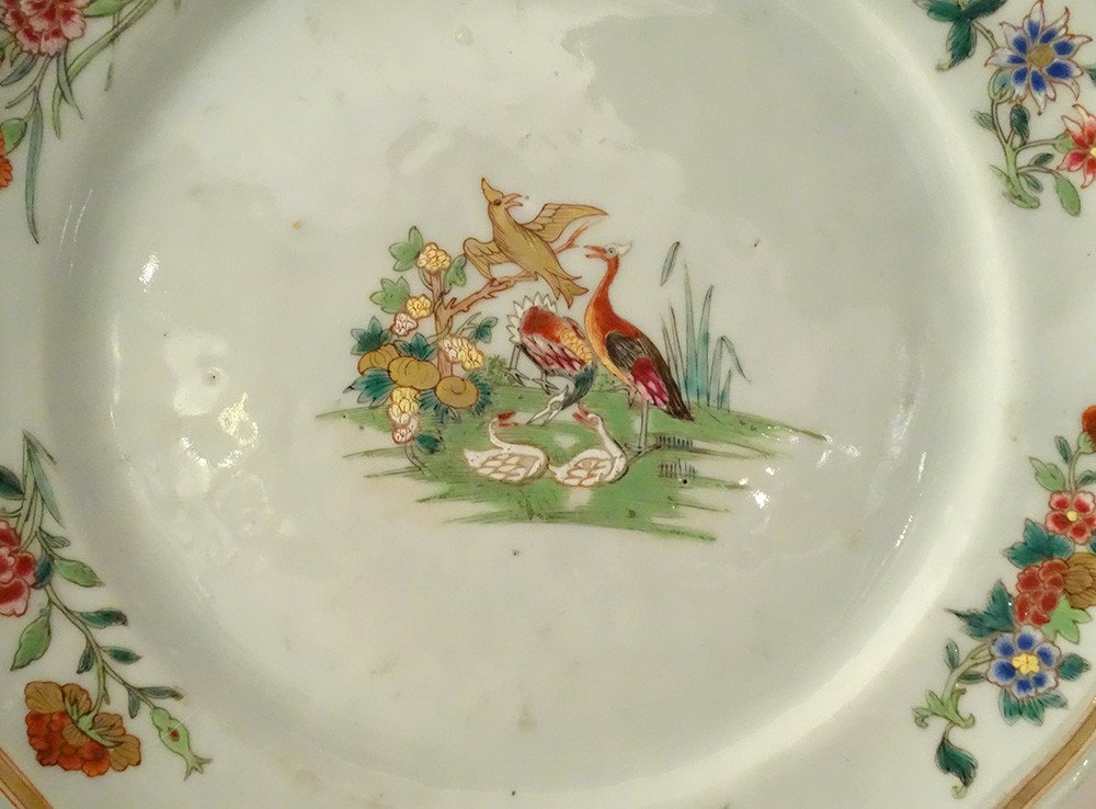 Paire Plats Porcelaine Compagnie Des Indes Oiseaux Faisans Fleurs XVIIIème-photo-2