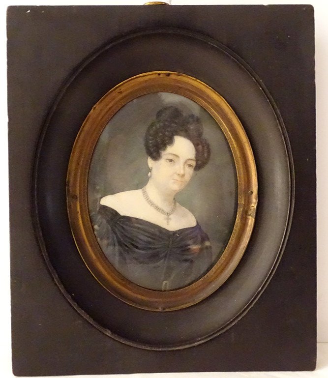 Miniature Peinte Céline Parmentier Portrait Femme Collier Perles 1831 XIXè