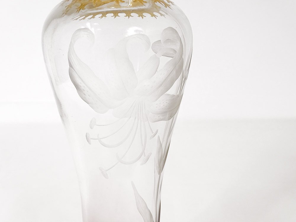 Paire Vases Cristal Gravé Fleurs Hibiscus Feuillage Dorure Art Nouveau XIXè-photo-4