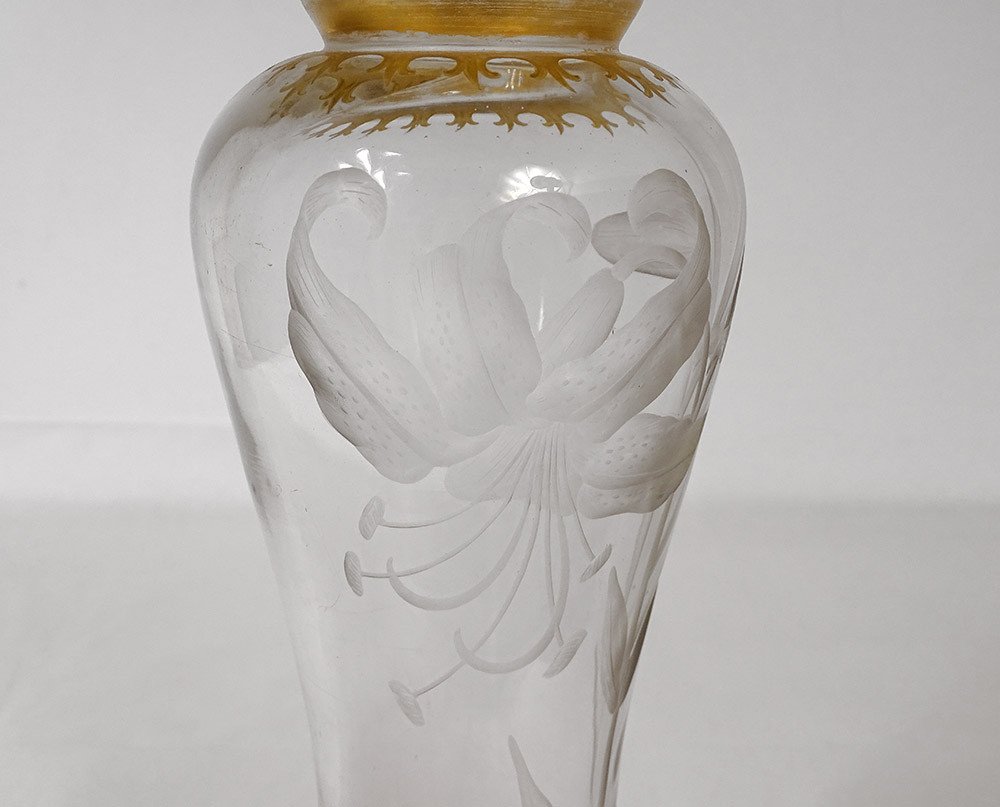 Paire Vases Cristal Gravé Fleurs Hibiscus Feuillage Dorure Art Nouveau XIXè-photo-1