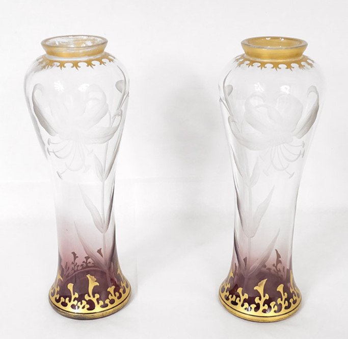 Pair Engraved Crystal Vases Hibiscus Flowers Foliage Gilding Art Nouveau Nineteenth