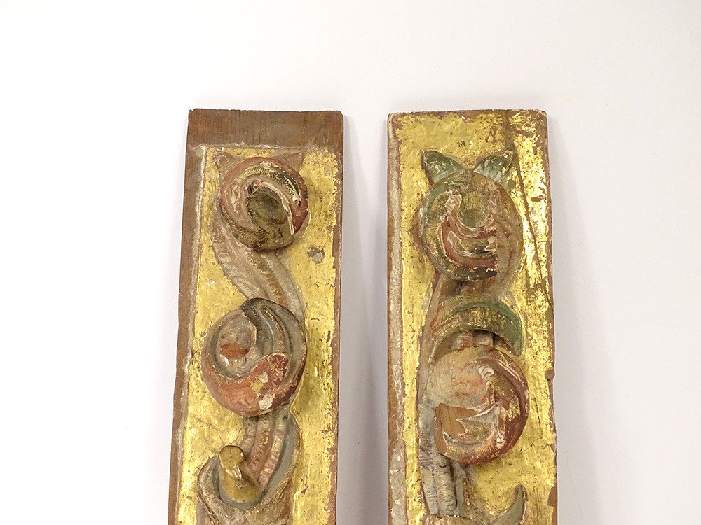 Paire Panneaux Décoratifs Bois Polychrome Doré Sculpté Fleurs XIXème Siècle-photo-2