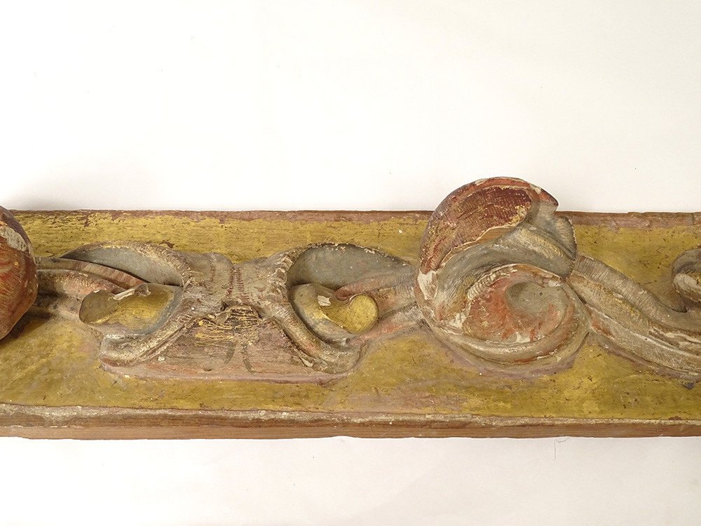 Paire Panneaux Décoratifs Bois Polychrome Doré Sculpté Fleurs XIXème Siècle-photo-4
