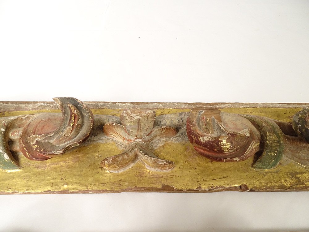 Paire Panneaux Décoratifs Bois Polychrome Doré Sculpté Fleurs XIXème Siècle-photo-1