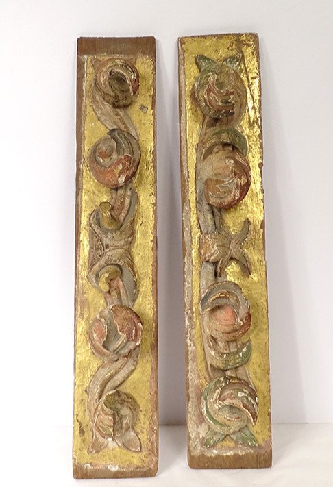 Paire Panneaux Décoratifs Bois Polychrome Doré Sculpté Fleurs XIXème Siècle