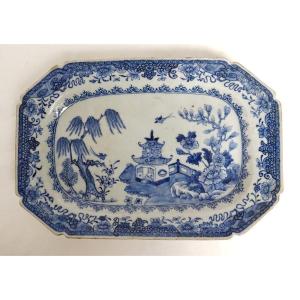 Plat Octogonal Porcelaine Compagnie Indes Blanc Bleu Paysage Pagode XVIIIè