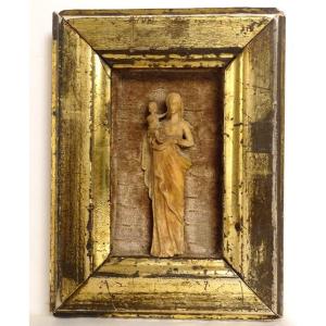 Small Bas-relief Sculpture Virgin And Child Jesus Bone Carved XVIIth Century