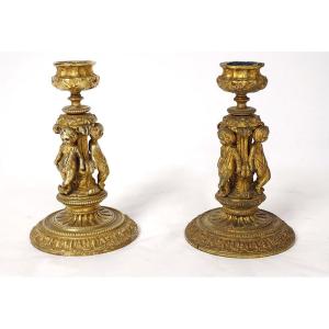 Pair Small Candlesticks Gilt Bronze Cherubs Amours Napoleon III XIXth