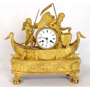 Pendule Voyage Amour Temps Cygnes Bronze Doré Att. Boizot Ier Empire XIXème