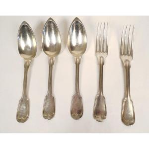 3 Spoons 2 Forks Sterling Silver Minerva Puiforcat 434gr XIXth Century