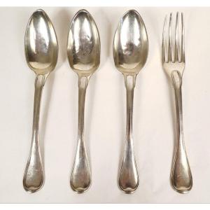 Lot 3 Spoons 1 Forks Sterling Silver Coq Paris 333gr Late 18th Century