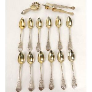 12 Coffee Spoons Tea Leaf Clamp Sugar Silver Vermeil Minerva Napiii 19th