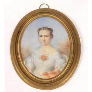 Oval Miniature Signed Vve Lallemand Portrait Young Woman Flowers 19th