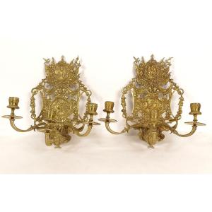 Pair Wall Lamps 3 Louis XIV Bronze Lights Arms France Flowers Lys Putti Nineteenth