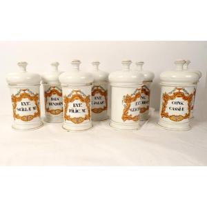 8 Paris Porcelain Apothecary Pharmacy Jars Nineteenth Jalap Flower Cup