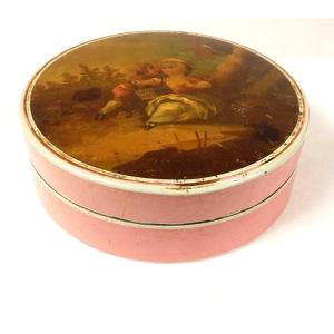 Round Lacquered And Tortoiseshell Box, Miniature Couple Galante Scene Nineteenth Bird Cage