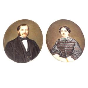 Paire Miniatures Portrait Couple de Notables signées Rougeot de Briel XIXème