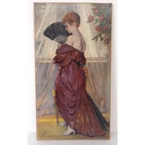 Hst Painting Portrait Elegant Woman With A Fan Henri Moreau 1917