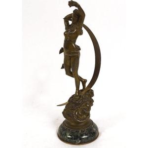Sculpture Bronze Femme Nue Croissant Lune Nuit Déesse Diane Signée XIXème