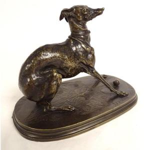Petite Sculpture Bronze Pierre-Jules Mène Lévrier Levrette à La Boule XIXè