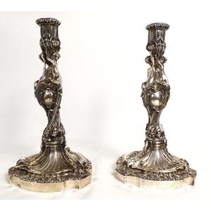 Pair Of Louis XV Candlesticks Rocaille Bronze Candlesticks From After. Nineteenth Century Steward