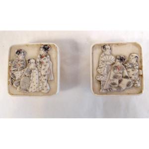 Pair Of Japanese Ivory Buttons Carved Meiji Geisha Characters Japan Nineteenth
