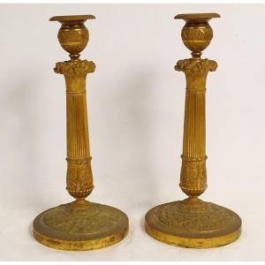 Pair Candlesticks Candlesticks Gilt Bronze Butterflies Flower Fruit First Empire Nineteenth