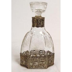 Crystal Bottle Engraved Sterling Silver German Characters Mill Boat Nineteenth