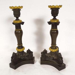 Pair Candlesticks Candlesticks Bronze Capitals Napoleon III XIXth Century