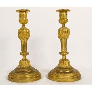 Pair Candlesticks Candlesticks Louis XVI Gilt Bronze Garlands Pearls XVIIIth