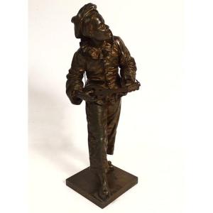 Sculpture Bronze Eutrope Bouret Pierrot Au Clair De La Lune XIXème Siècle