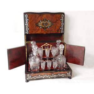 Cave à Liqueur Loupe Amboine Marqueterie Nacre Carafes Baccarat NapIII XIXè