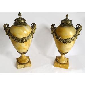 Pair Large Cassolettes Siena Marble Gilt Bronze Rams Heads 19th