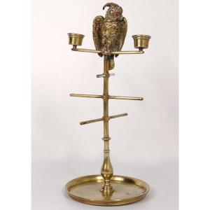 Large Baguier Candle Holder Jewelry Holder Matches Gilt Bronze Parrot 19th