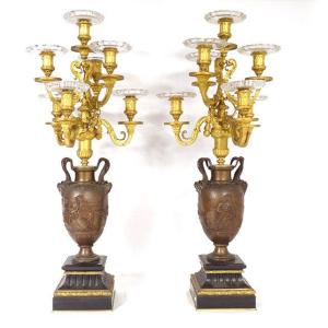 Pair Of Large Candelabra With 7 Bronze Lights Signed Barbedienne, Napoleon III 19th Century