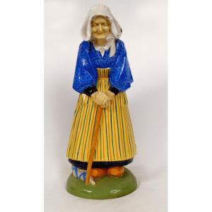 Large Nicot Earthenware Sculpture Henriot Quimper Old Distaff Woman 20th