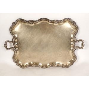 Large Serving Tray With Handles Louis XV Silver Metal Vine 19th Century
