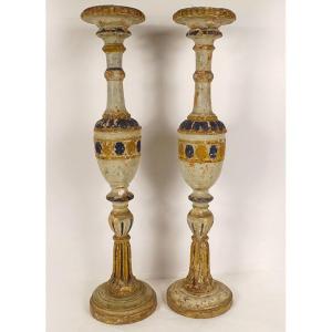 Pair Of Large Polychrome Carved Wood Candlesticks 16th And 17th Century Candlesticks