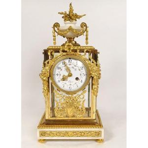 Louis XVI Cage Clock White Marble Gilt Bronze Napoleon III Cup 19th