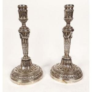 Pair Of Louis XVI Candlesticks Silver Bronze Torches Garlands 18th Century