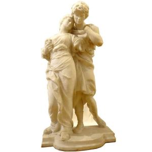 Large Sculpture Georges Michel White Marble Couple Characters Flowers 19th