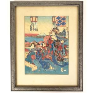 Estampe Japonaise Ukiyo-e Oiran Kamuro Kunisada Utagawa II Edo XIXème