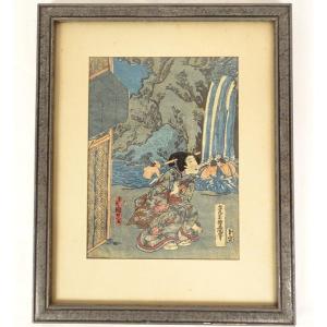 Estampe Japonaise Ukiyo-e Femme Kimono Oiran Utagawa Toyokuni Cascade XIXè