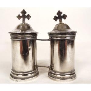 Pair Holy Oil Ampoules Sterling Silver Farmers Generals XVIIIth