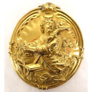 Brass Medallion Plaque Saint Catherine Alexandria Crown Scepter XVIIth