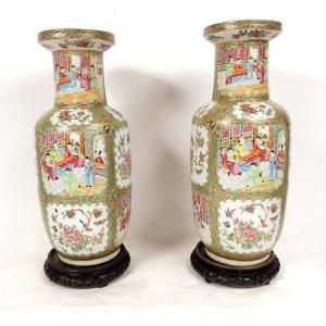 Pair Chinese Porcelain Vases Canton Characters Birds Butterflies 19th