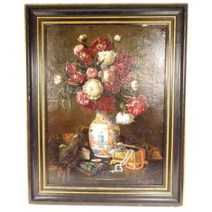 Large Hst Georges Deully Still Life Peonies Vase Jewelry Box 1876
