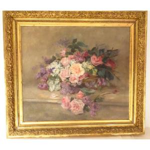 Large Hst Still Life Painting Bouquet Pink Flowers Golden Frame 19th Century
