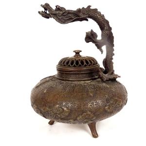 Brûle-parfum Sculpture Bronze Dragon Perle Sacrée Chine Fin XIXè Siècle