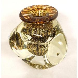 Triangular Vase Jean-claude Novaro Blown Glass Gold Leaves 1983 20th